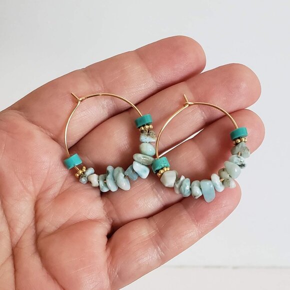 Natural LARIMAR & TURQUOISE 14k Gold Filled Hoop Earring Rustic Raw Artisan made - Picture 2 of 7